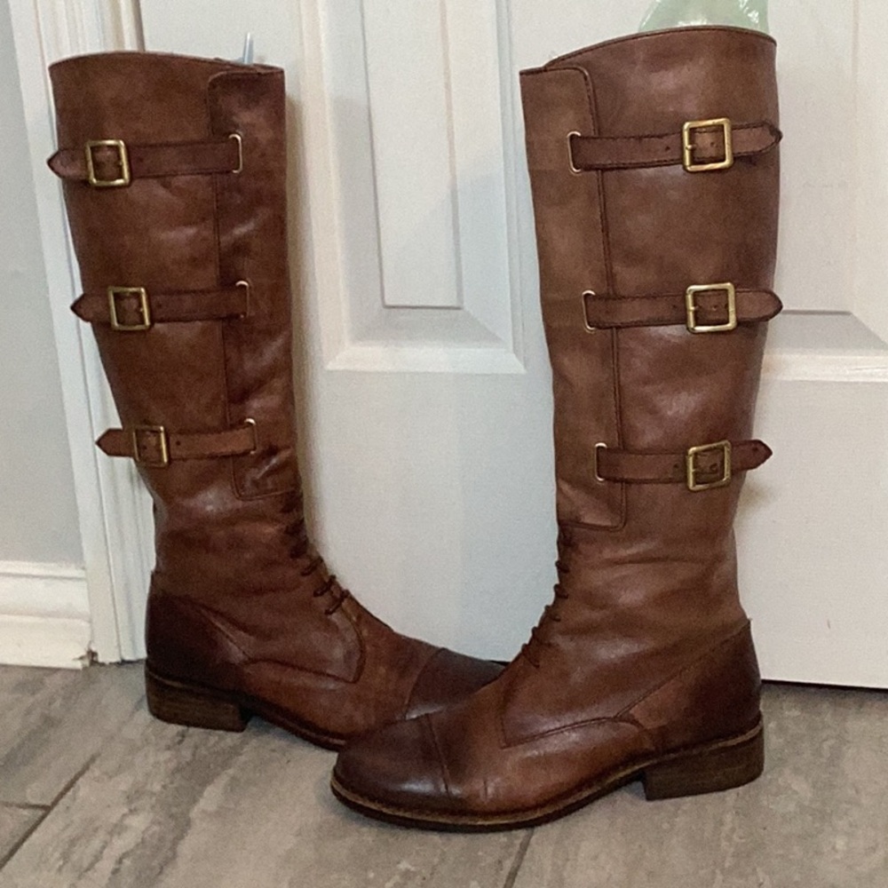 Vince Camuto Brown Leather Riding Boots w/ Front Laces & Side Buckles